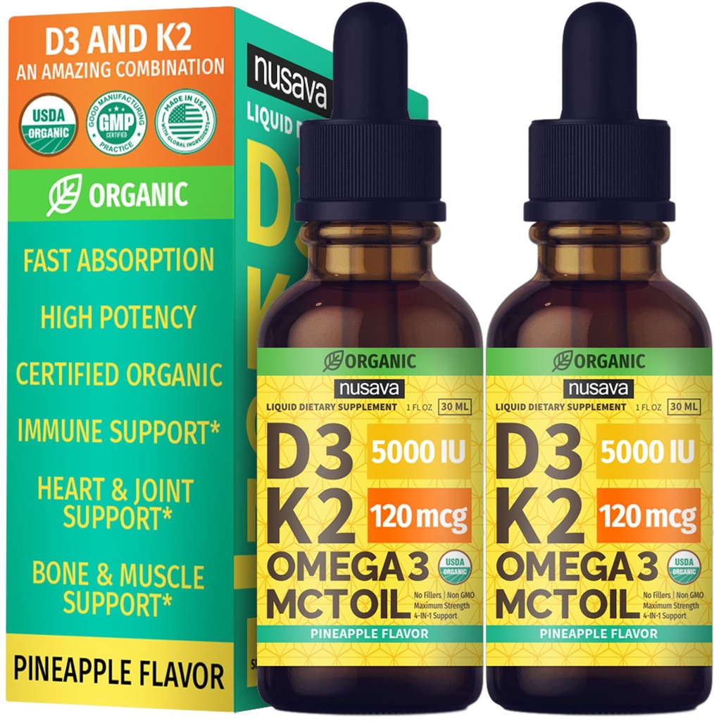 (2 Pack) Organic Vitamin D3 K2 Drops with MCT Oil & Omega 3 - Liquid Vitamin D3 5000 IU - K2 D3 Vitamin Supplement - Vitamin D Drops for Women & Men - No Fillers, Non-GMO, GMP, Pineapple (2 Fl Oz)