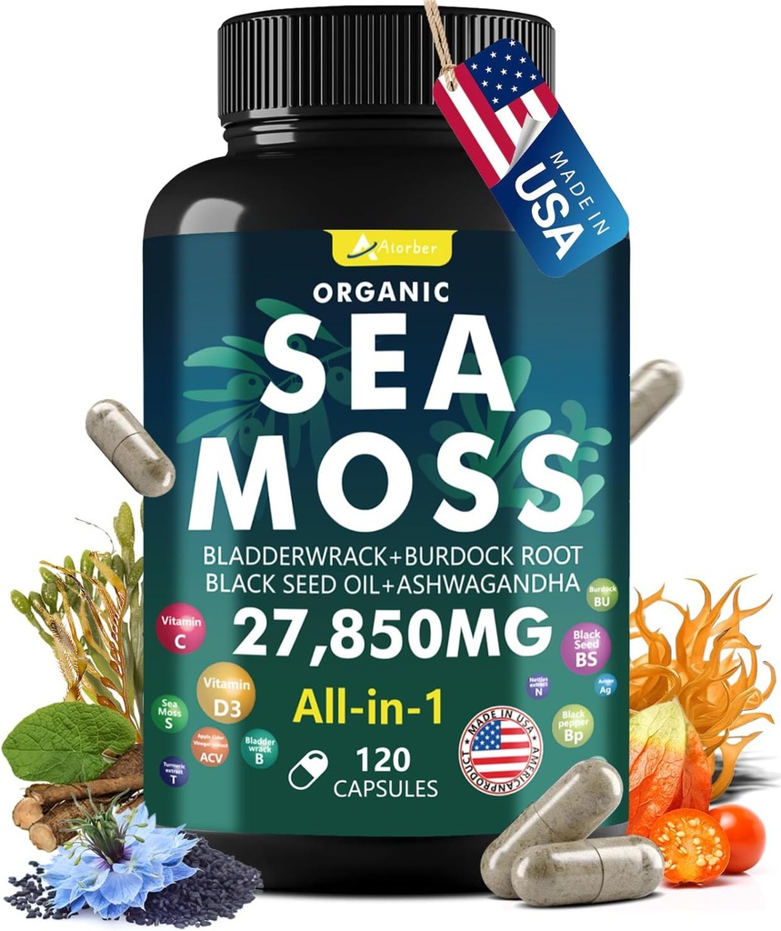 [BRSRA2Y7CJ4GY2D4] Mar Moss Complejo de cápsulas con Moss Mar, Aceite de semilla negra, Aşhwagandha, Ginger & Vitamins C, D3-120 Capsules, Suplementos Superalimentarios - Píldoras avanzadas Seamoss, Píldoras de Moss Marítimo, Made in USA
