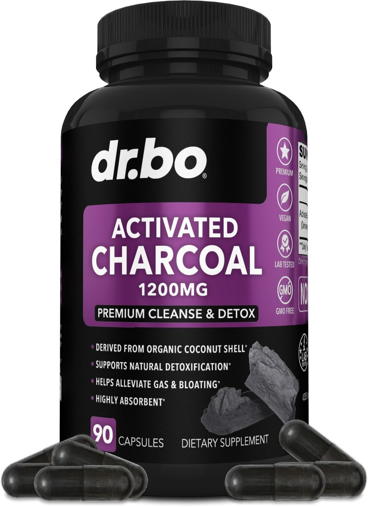 Cápsulas de carbón activados Cleanse Detox - 1200mg Píldoras orgánicas de carbón de coco para gas estomacal y alivio de rubor para hombres mujeres niños - Cápsulas activas de polvo Binder Suplementos activados para Gut