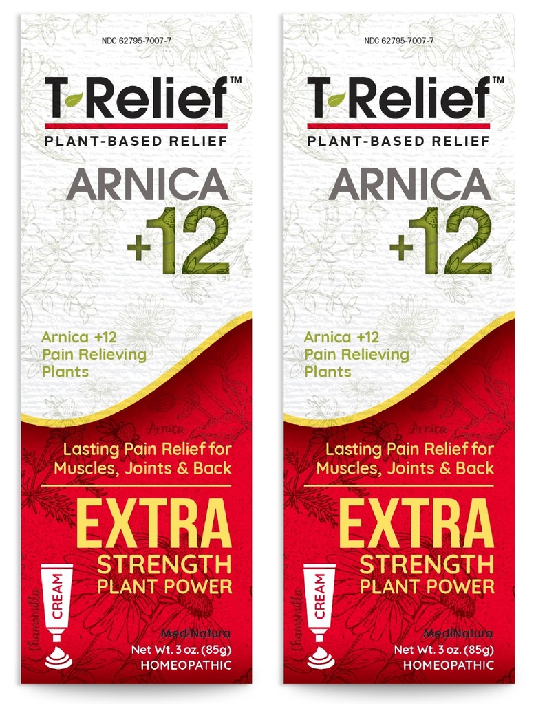 MediNatura T-Relief Extra Strength Cream Arnica +12 Activos Alimentados Naturales para el Dolor de Dolor Conjunto Soreness Muscle Aches &amp; Stiffness, Whole Body Fast Acting Relief for Women &amp; Men - 3 oz (2 Pack)