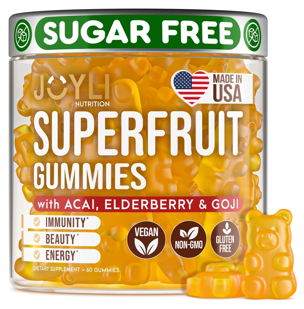 Joyli Superfruit Gummies - Frutas sin azúcar Multivitamínicas para adultos - Vitaminas Naturales Gummy para Hombres con Goji, Elderberry, Vitaminas A, C, D &amp; E - Soporta inmunidad, digestión &amp; energía
