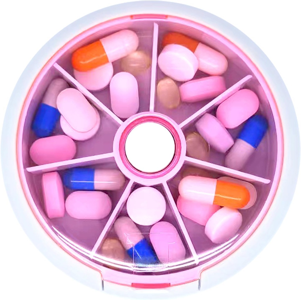 Pill Organizer Travel Pill Case for Purse Portable Pill Box Round Weekiy Pill Container for Vitamin Fish Oil Pills Suplementos (Pink)