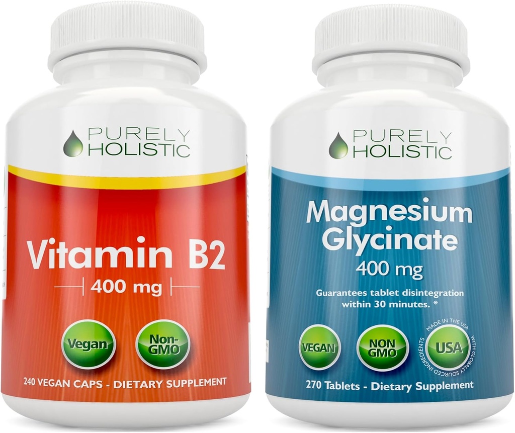 [BRSROFAEOAIBQEI2] Puramente Holística Vitamina B2 Riboflavin 400mg + Magnesium Glycinate 400mg Bundle - 510 cápsulas Vegan - Hecho en los EE.UU.