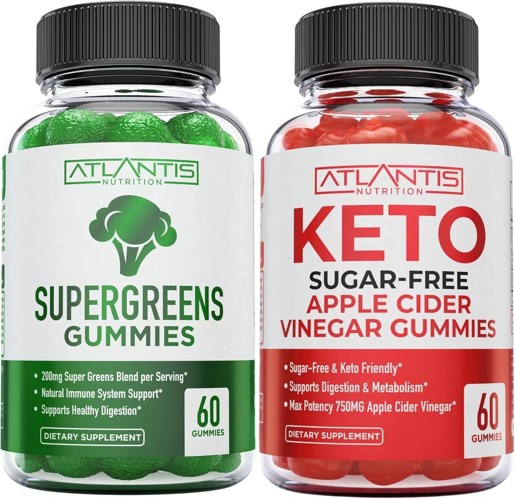 Nutrición de Atlantis Supergreens 60 Gummies + Azúcar Keto gratis Vinagre de manzana 60 Gummies