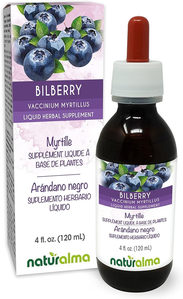 Naturalma Bilberry o Blueberry Europea (Vaccinium myrtillus) Fruto Sin alcohol Tintura - 4 fl oz Extracto líquido en gotas - Suplemento herbal - Vegan