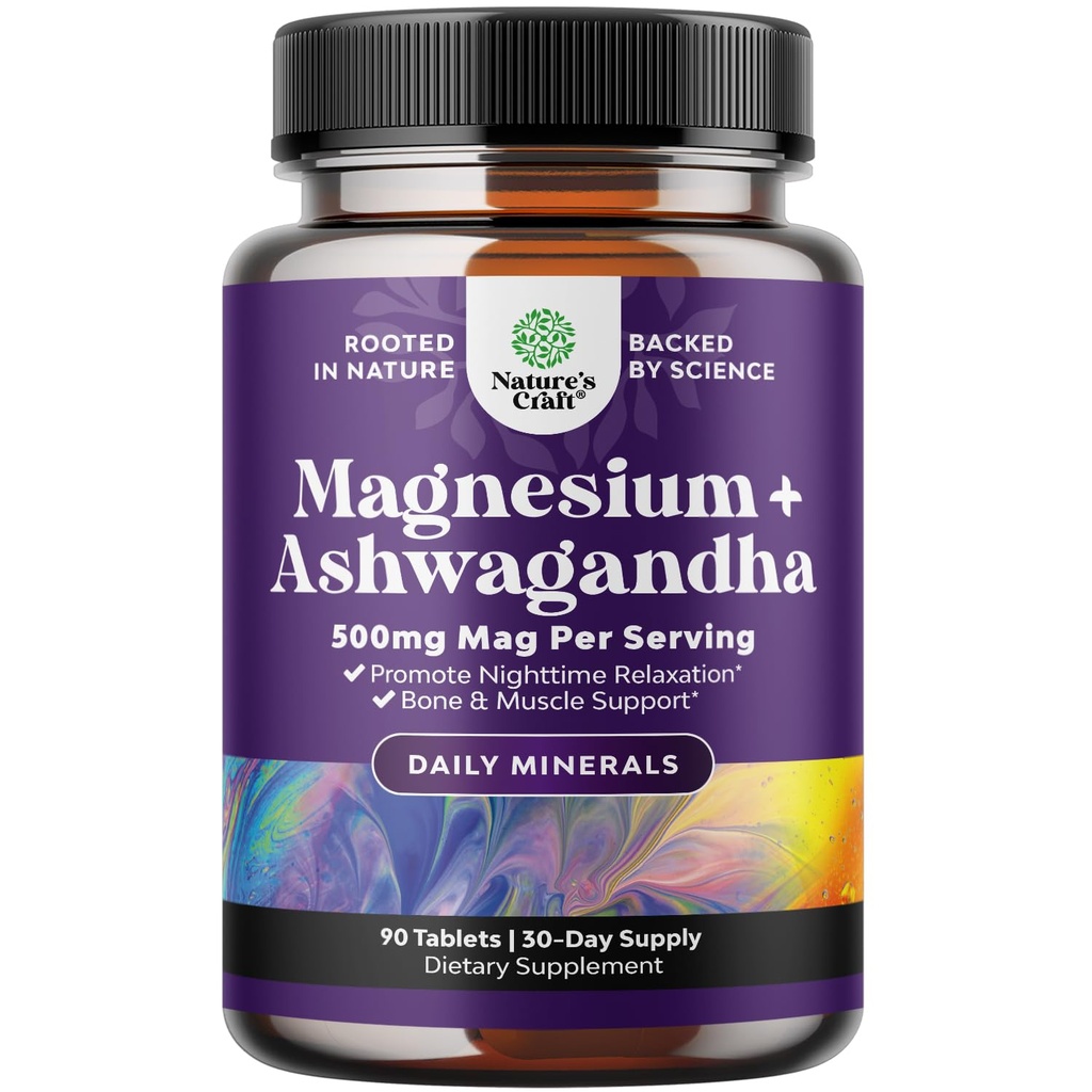 Suplemento Glycinate de Magnesio Relajamiento Puro y Calma con Ashwagandha - Magnesio para Estrés Soporte &amp; Descanso Facilidad para Adultos - Tablas de Absorción Alta para Soporte de Huesos &amp; Cáñamos de Musculo - 90 Conde