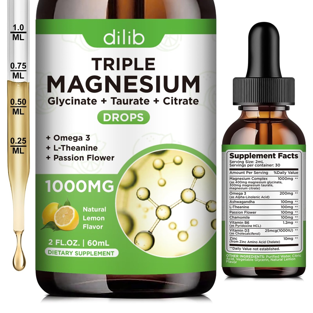 Suplemento Glycinate de magnesio líquido 1000mg, Citrato de magnesio calma, gotas de Taurate con Omega 3, Zinc, Ashwagandha, L-Theanine, Chamomile para el sueño, Mood, Stress Relief, Bone, Muscle, Lemon Flavor