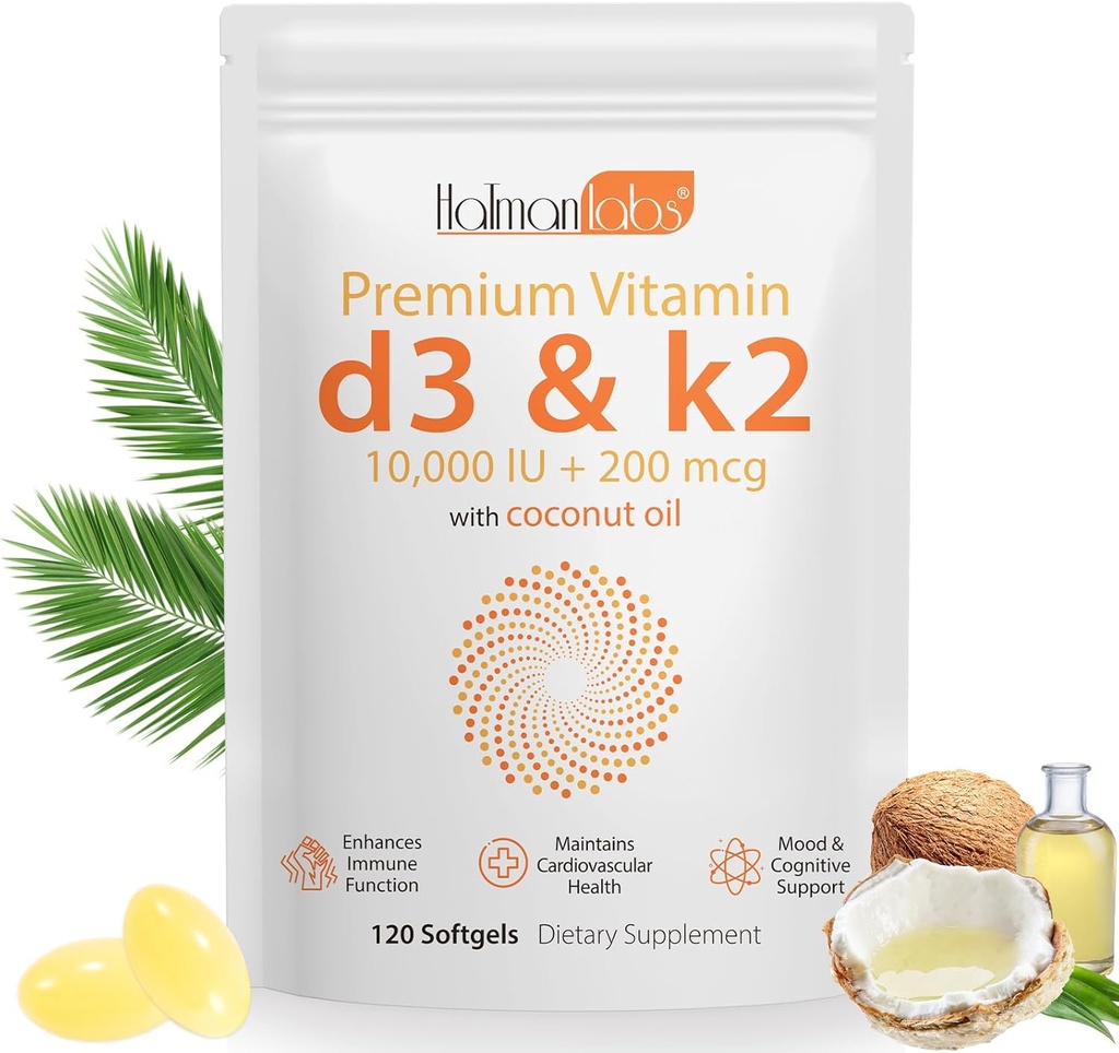Vitamin D3 K2 Supplement Softgel, Vitamin D3 K2 Softgel with 10000 IU Supports Immune, Heart, Teeth & Bone Health, Free of GMO, Gluten, Soy