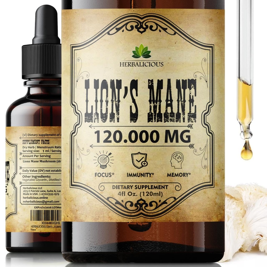 Mane Extract 4 fl oz Líquido – Suplemento Natural de Mushroom Tintura para Cerebro, Memoria, Claridad Mental & Focus – Apoyo Inmunitario – Fórmula de alta potencia – Suministro de 90 días