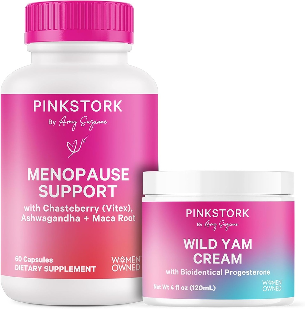 Pink Stork Menopause Suplemento " Wild Yam Cream for Women to Support Hormone Balance, Ashwagandha, Black Cohosh, " Wild Yam, Hormonal " Mood Support, Duo