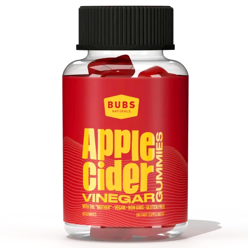 BUBS Naturals Manivelas de vinagre de manzana con la madre, todas las vitaminas de goma natural vegana de ACV, apoya la desintoxicación, la digestión " Booster de energía con vitaminas B, 60 conteo