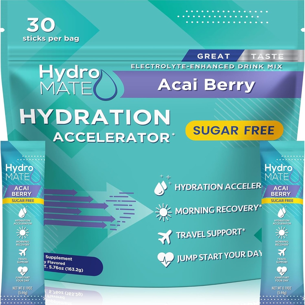 Empaquetaduras de hidratación sin azúcar de electrolitos Acai Berry HydroMATE 30 Sticks