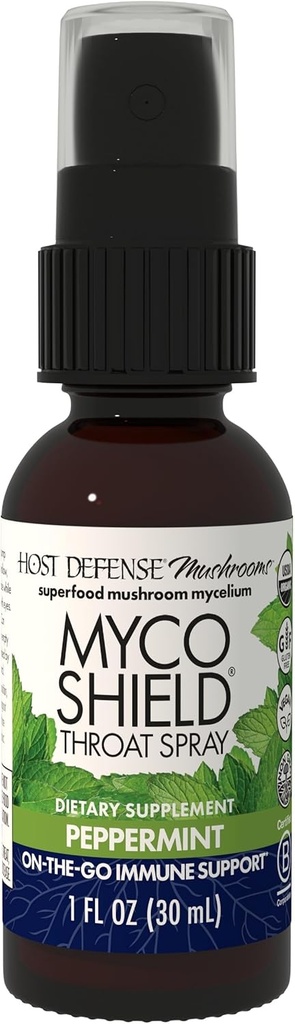 Host Defense MycoShield Throat Spray - Immune Health Support - Dietary Mushroom Supplement with Chaga, Reishi, Turkey Tail &amp; More - On-The-Go Immune Support - Peppermint, 1 fl oz (71 Servings)*