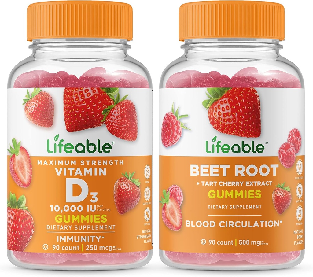 Lifeable Vitamina D 10000 UI + Bota de remolacha, Gummies Bundle - Great Tasting, Suplemento de vitamina, Gluten Free, GMO Gratis, Chewable Gummy
