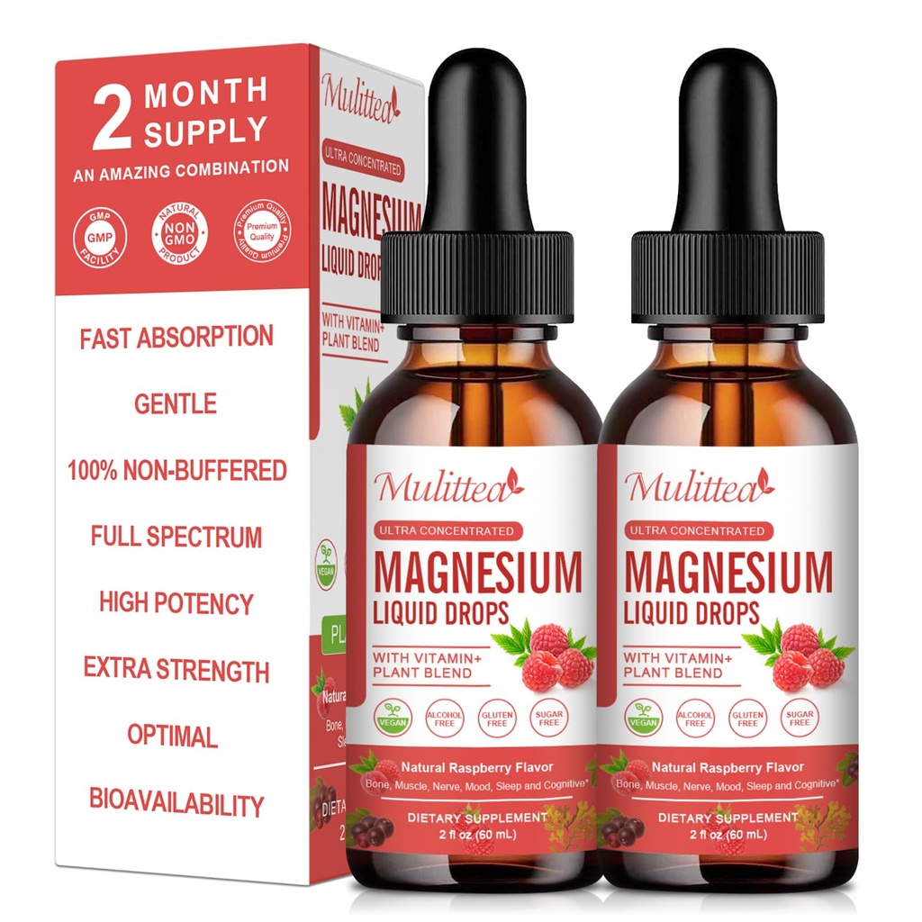 gota líquida Glycinate de magnesio - Triple Absorción Suplemento de soporte Nervios, sueño, calma, corazón, músculos * -Sugar-libre con potasio, L-Theanine, Moss de mar, vitamina B,C,D3, K2-2Pack