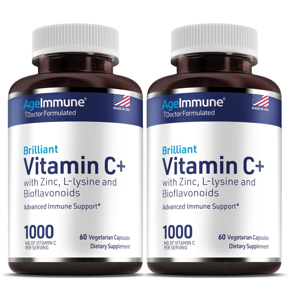 Complejo de vitamina C 1000mg con L-Lysine 500mg, Zinc Gluconate 12mg, Bioflavonoids 300mg. Doctor Formulado Magnesio Stearate Suplementos gratis para el Sistema de Immune saludable. Dos botellas.(2)