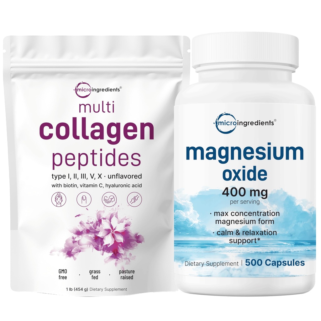 Micro Ingredientes Multi Collagen Protein Powder 16oz & Magnesium Oxide 400mg Bundle Pack ← Peptides de Collagen Grass-Fed