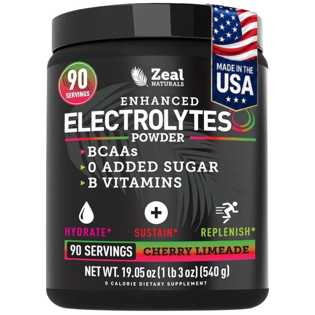 Zeal Naturals Electrolyte Powder Recovery Drink (90 Servings ← Cherry Limeade) w 0 Sugar +BCAAs +B-Vitamins Electrolyte Suplemento w Potassium Zinc &amp; Magnesium for Hydration - Keto Electrolytes