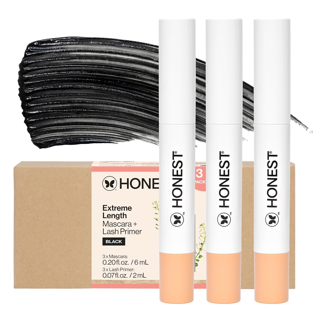 Belleza Honest 2-in-1 Extrema Longitud Mascara + Lash Primer 3-Pack ← Cruelty Free + Seguro para ojos sensibles ← 0.27 fl oz cada uno (paquete de 3)