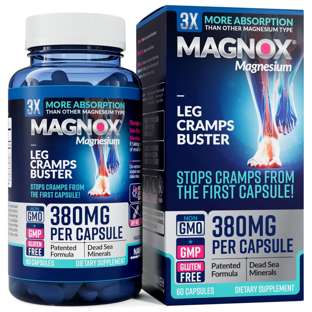 MAGNOX® Leg Cramps Buster  380mg Magnesium for Leg Cramps at Night TEN Magnesium Supplement for Muscle Spasms ANTE 3X Más Absorption  durable Dead Sea Minerals TENIDO Sleep &amp; Muscle ← 60 Caps