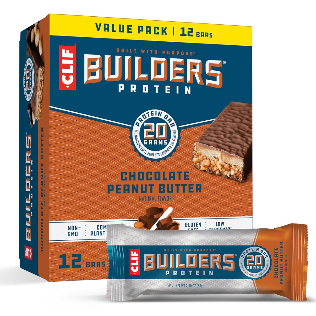 [BRSW2AYBAEFRGE3Z] CLIF BUILDERS Protein Bares - Chocolate Peanut Butter Flavor - 20g Plant Based Protein - Gluten Free - Non-GMO - Low Glycemic - No Sweeteners artificiales - Value Pack, 2.4 oz. (12 Conde)