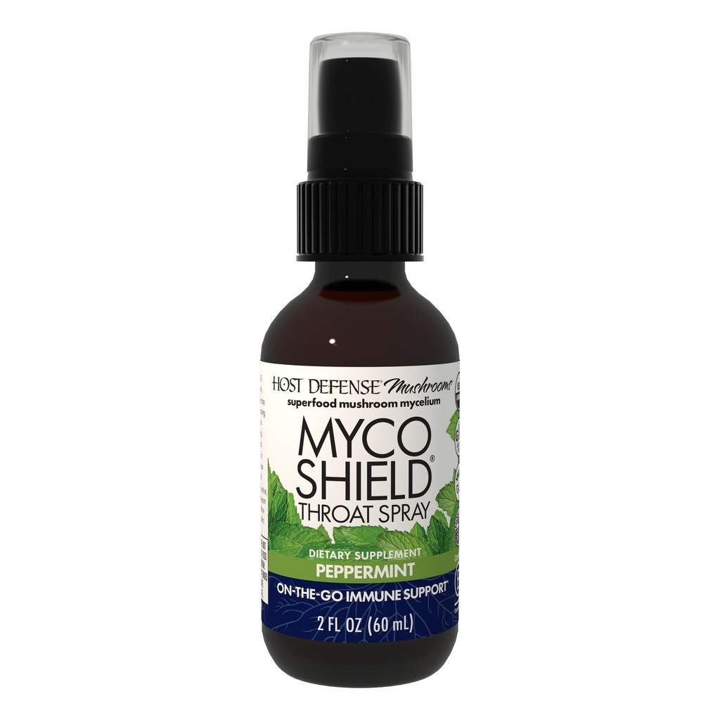 Host Defense MycoShield Throat Spray - Immune Health Support - Dietary Mushroom Supplement with Chaga, Reishi, Turkey Tail &amp; More - On-The-Go Immune Support - Peppermint, 2 fl oz (142 Servings)*