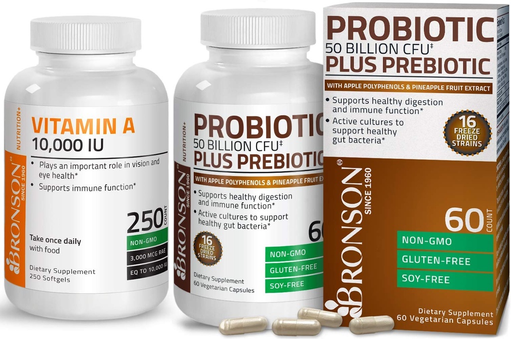 Bronson Probiotic 50 Billion CFU + Prebiótico con Apple Polyphenols & Pineapple Fruit Extract + Vitamina A 10,000 IU Premium Non-GMO Formula
