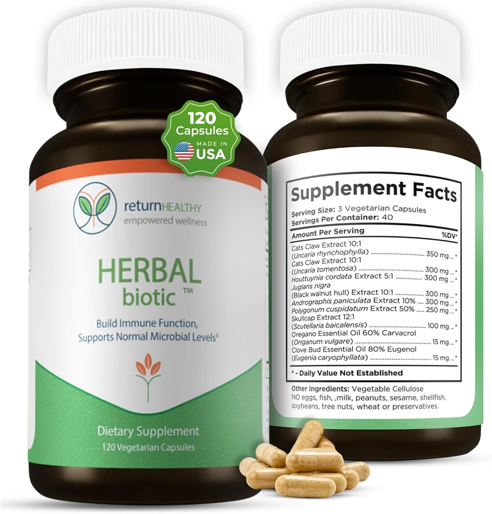 Herbal Biotic, Immune Support Vitaminas, Natural Immune System Booster para adultos, Immune Support Suplemento Enriquecido con la garra de Cat para el equilibrio Probiótico, Salud Digestiva, 120 cápsulas Vegan