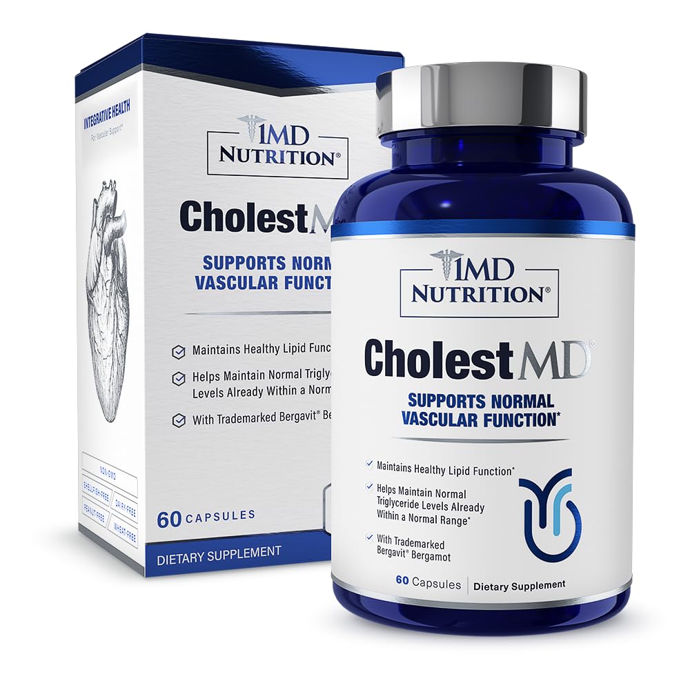 1MD Nutrición CholestMD con extracto de hoja de oliva, Bergavit, Niacin, Ajo Silencio 60 cápsulas