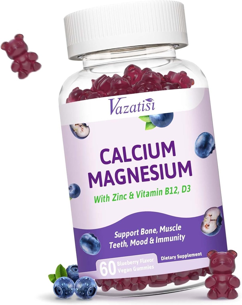 Magnesio de calcio Zinc Gummies con vitamina D3 & B12, Suplementos de Calcio Libre de Azúcar para Mujeres Hombres, Flavor de Blueberry Vegan