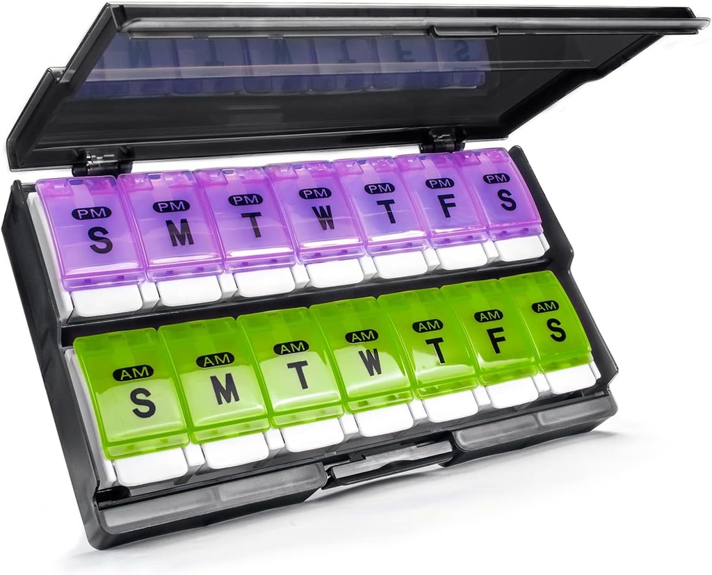 Extra Large Weekly Pill Organizer 2 veces al día - Remtise Am/Pm Daily Pill Case Medicine Organizer, Push Button 7 Day Pill Box for Pills/Vitamin/Cod Liver Oil/Supplements (Purple & Green)