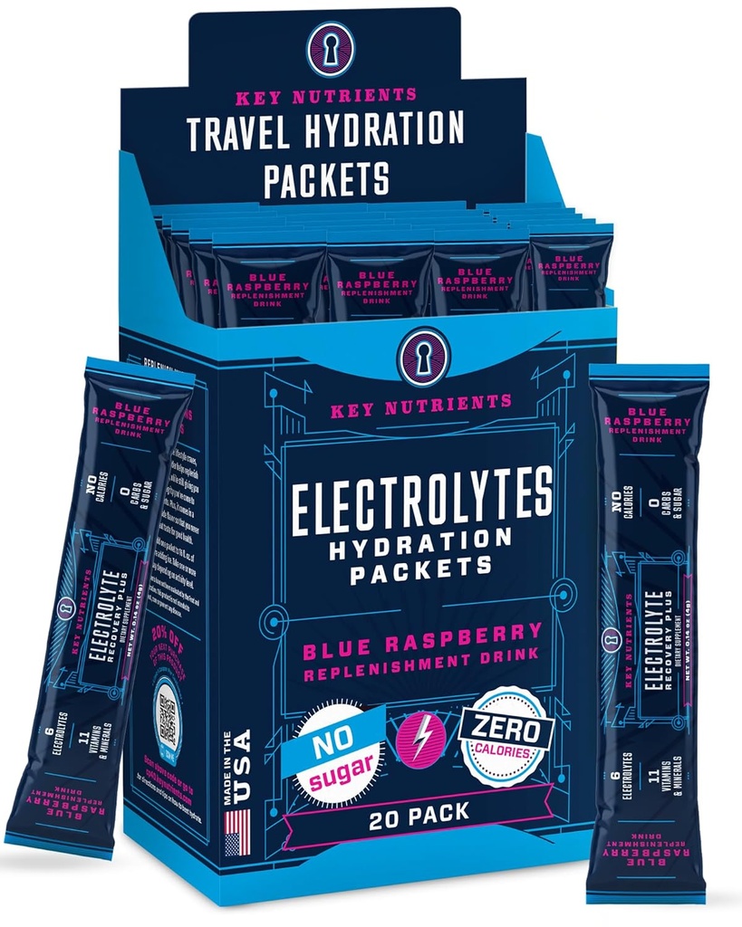 KEY NUTRIENTS Electrolytes Packets 20 Pack - No Sugar, Delicious Blue Raspberry, Packets de hidratación con electrolito de polvo para refrescar mezclas de bebidas electrolíticas - Cero calorías