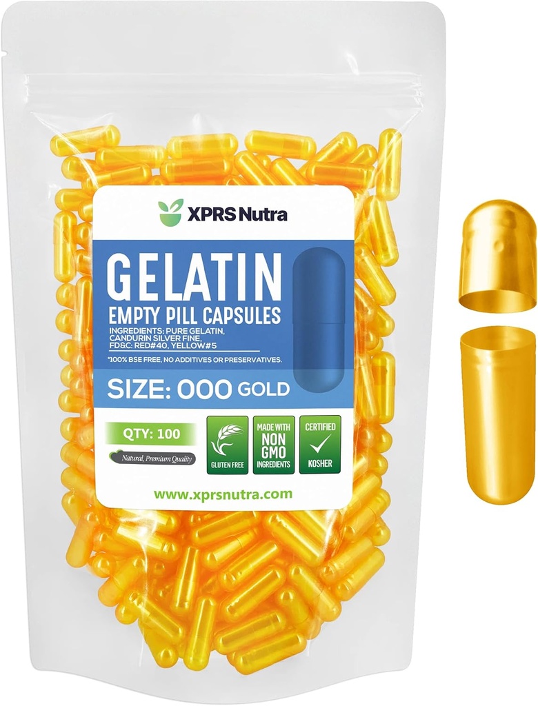 XPRS Nutra Size 000 Empty Capsules - 100 Conteo de grandes capas de gelatina vacía - Lámina de suplemento DIY - Láminas de gel de color ajustables para suplementos Do-It-youself (Gold)