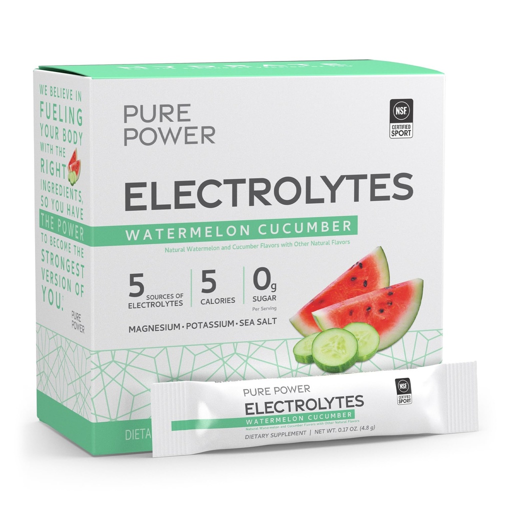 Electrolitos de potencia puros, sabor de pepino de sandía, 5.13 oz (145.6 g), 30 Servidores (30 Packets), 5 Calories y 0 g Azúcar por ser, no GMO, NSF certificado para el deporte, Dr. Mercola