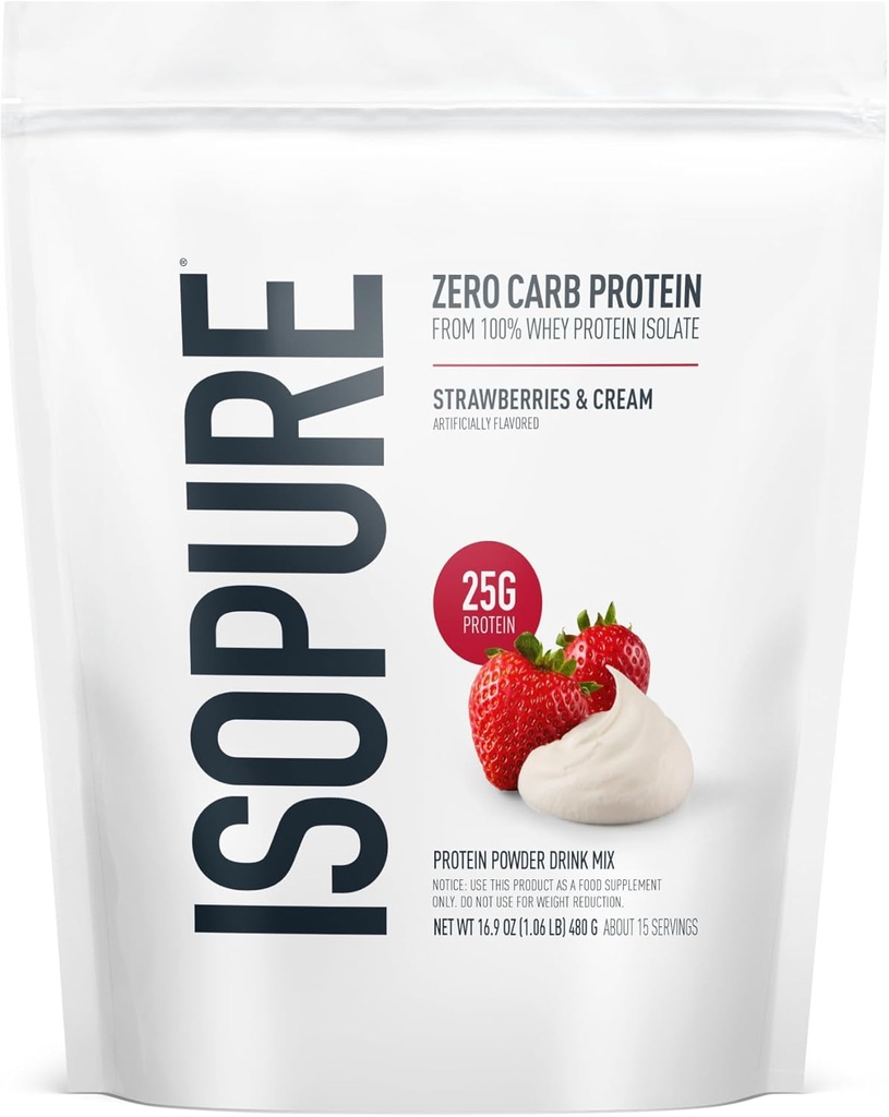 Isopure Zero Carb 100% Pure Whey Isolate Protein Powder, Lactose Free, Gluten Free, With Vitamins, Strawberries & Cream, 25g Protein Por Serving, 1 Lb, 15 Servings (Packaging May Vary)