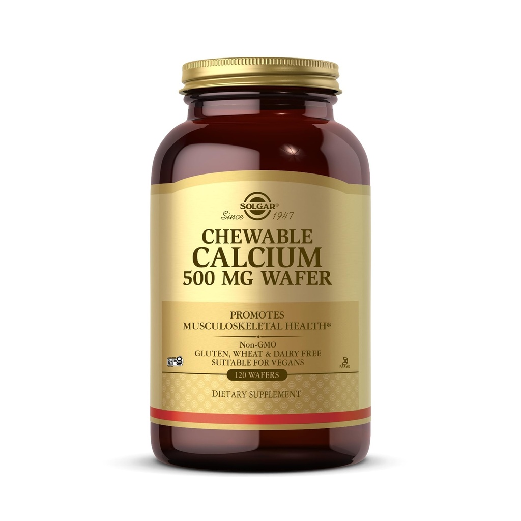 Calcio Chewable Solgar 500 mg - 120 Wafers - Promueve la Salud Musculoesquelética - No GMO, Vegan, Gluten, Wheat & Dairy Free, Kosher - 60 Servings