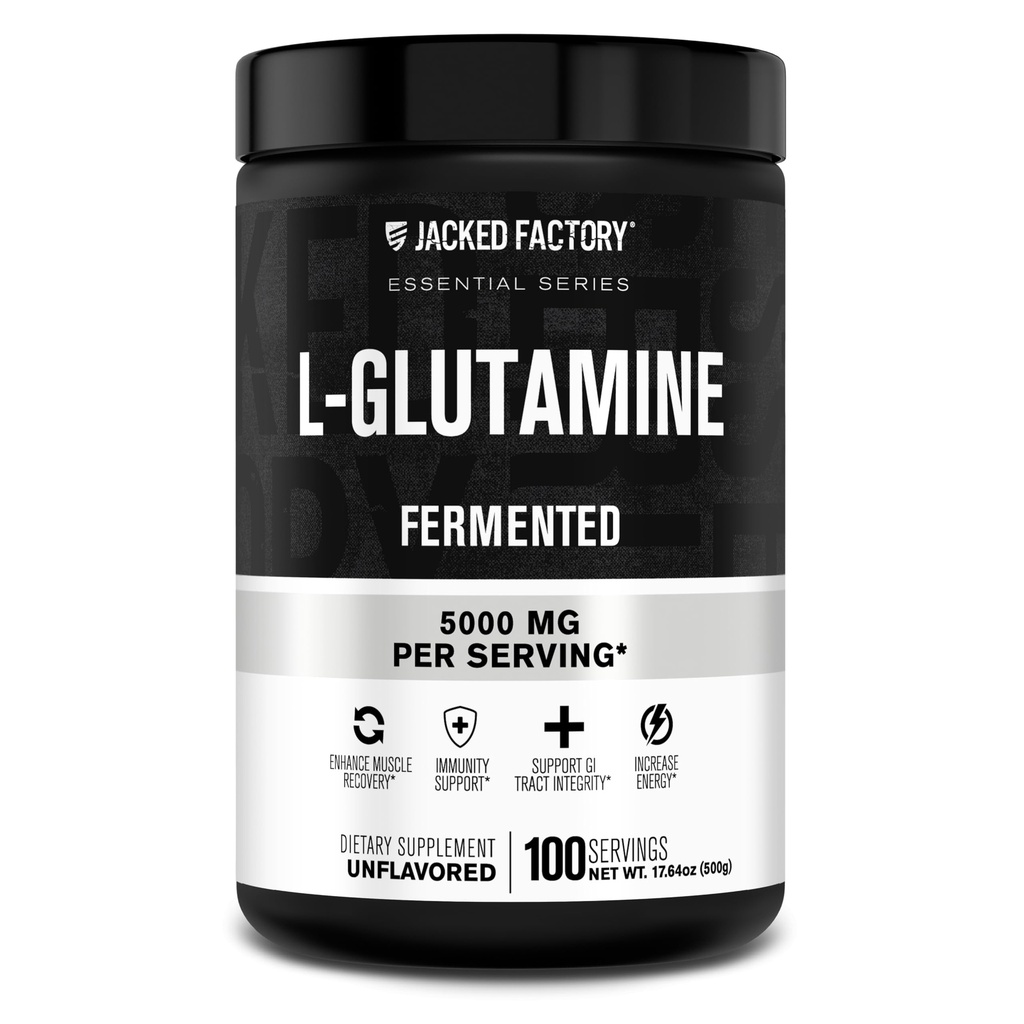Jacked Factory L-Glutamine Powder 100 Servings - Vegan Fermented L Glutamine Suplemento para Post Workout Muscle Recovery, Immunity, Digestive Health ← No Artificial Filler - Unflavored Factory