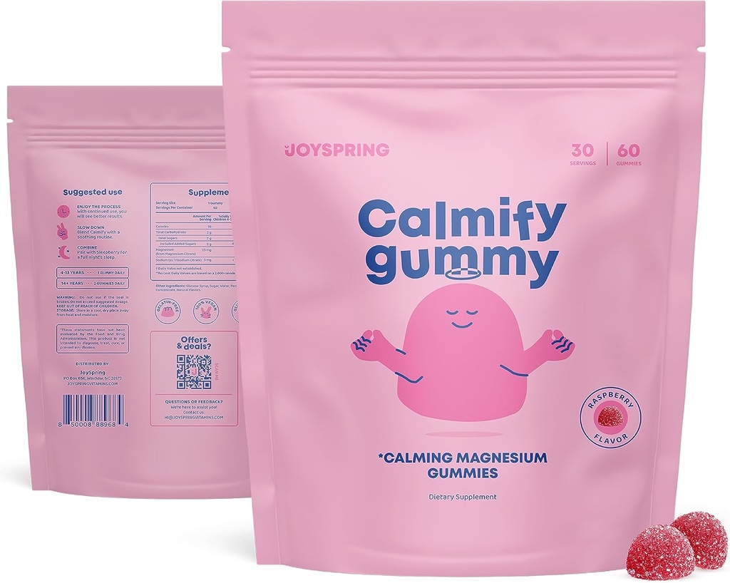 JoySpring Kids Magnesium Gummies - Calma Gummies for Kids - Calma Magnesium Support Natural for Toddlers &amp; Adolescentes Tasty Low Sugar Calming 60 Count