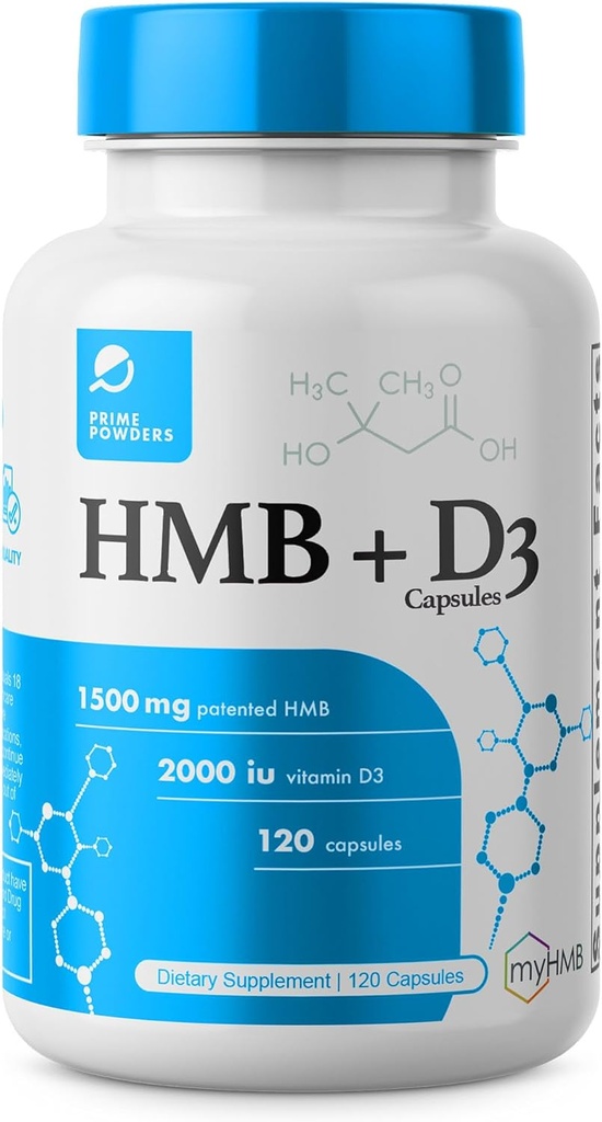 HMB y vitamina D3 Suplemento, 1.500 mg Fórmula patentada con dosis clínicas, musculo del mago preservo con rendimiento sin edad, Beta-Hydroxy Beta-Metilbutyrate Capsules, 120 Conde