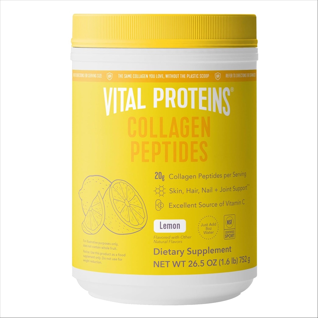 Proteínas vitales Péptidos colágeno Polvo, promueve el cabello, la uñas, la piel, el hueso y la salud conjunta, limón 26,5 onzas