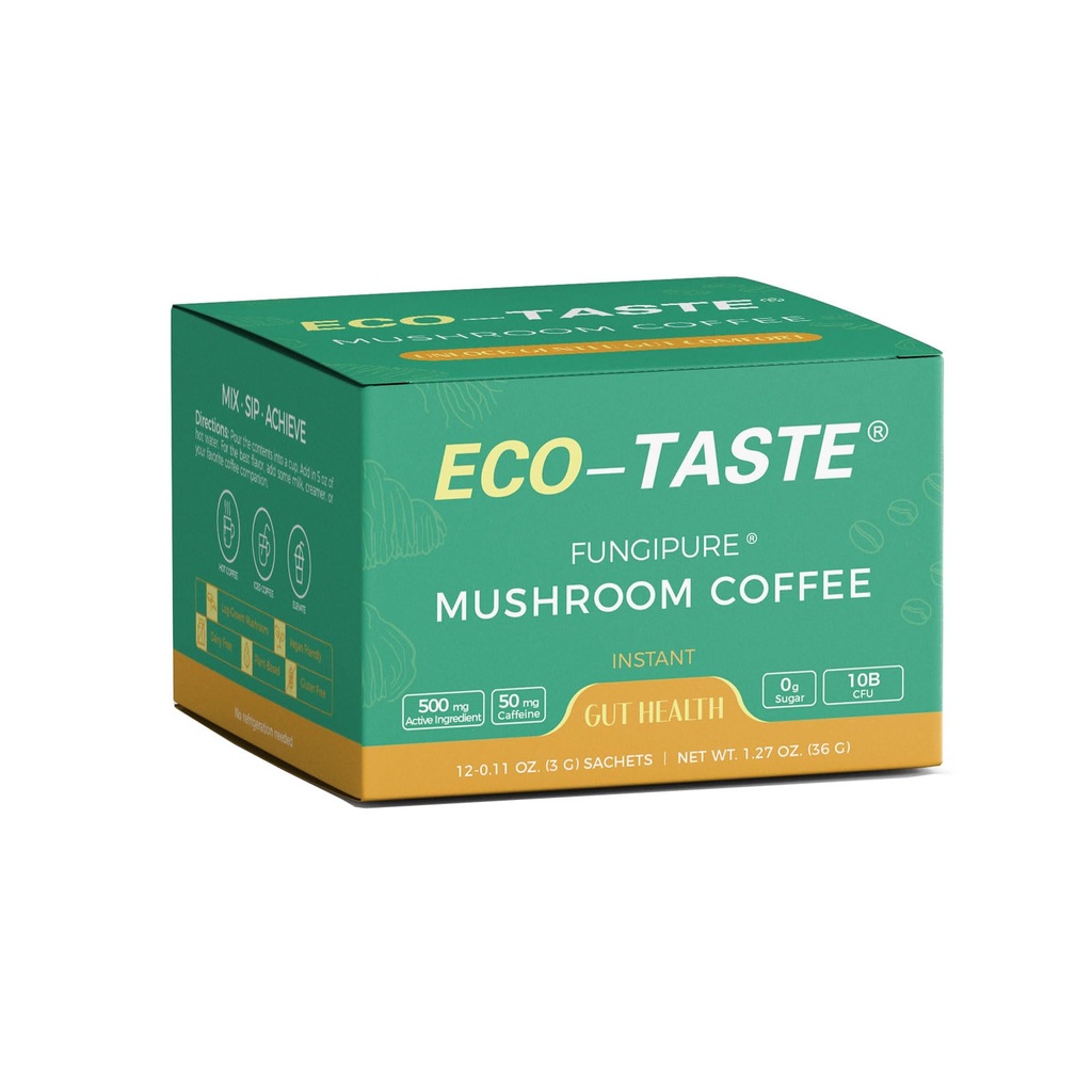 ECO-TASTE Mushroom Coffee Mix, diseñado para Gut-Health con Chaga, Lion's Mane, Turquía Tail, Yacon y Probióticos – 12 Sachets
