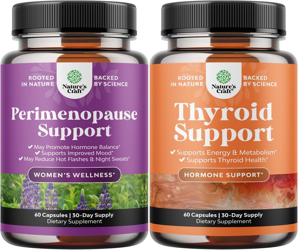 Natures Craft Bundle of Perimenopause Supplement for Women -Multibenefit Menopause Relief for Women and Herbal Thyroid Support Complex - Mood Enhancer Energy Supplement for Thyroid Health
