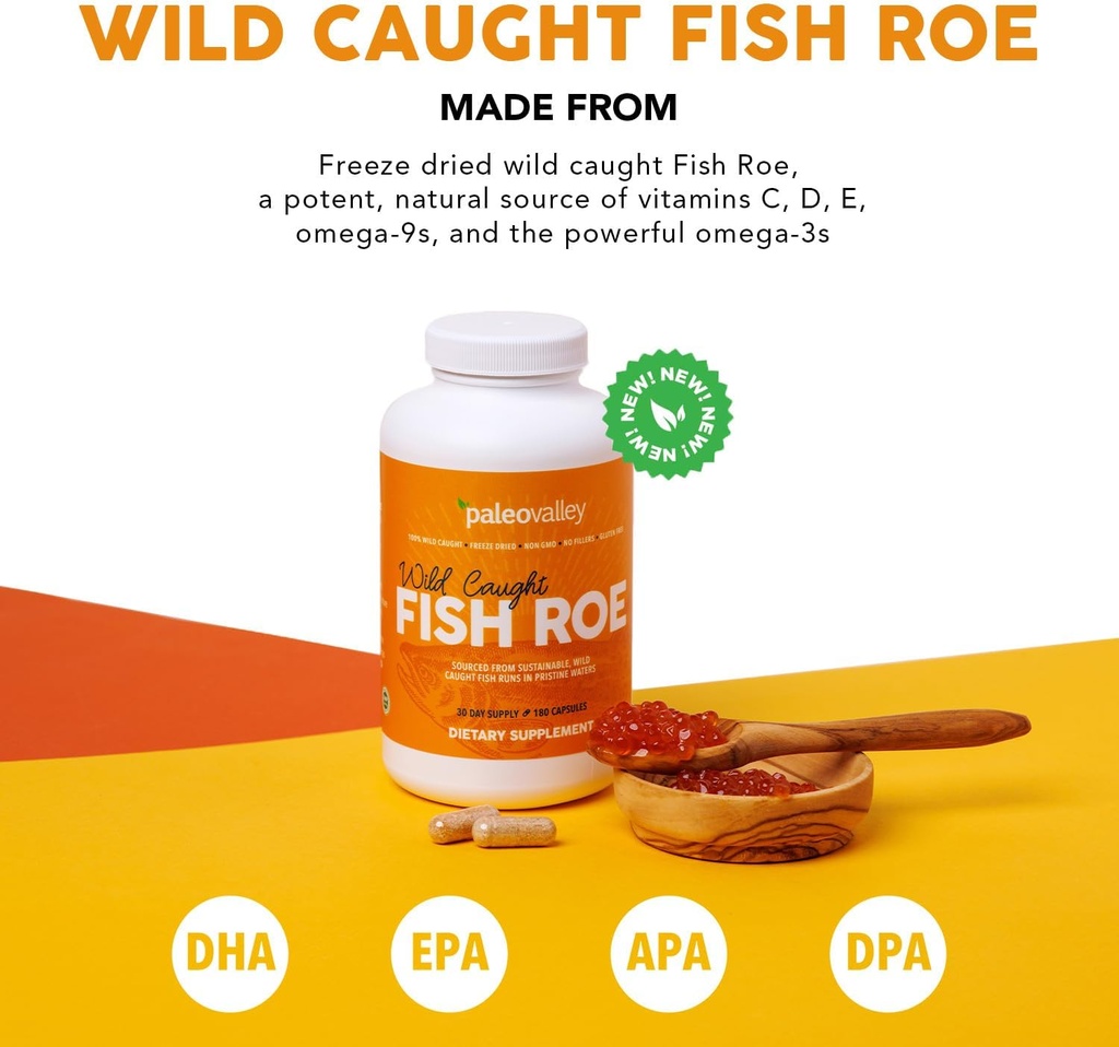 [BRSRMCQTO4PAIHLD] Paleovalley Wild Caught Fish Roe - DHA/EPA, Full Spectrum Omega -3 Ácidos grasos - Inflamación, Visión, Mood, Inmunity Boost - 28 Serviciones