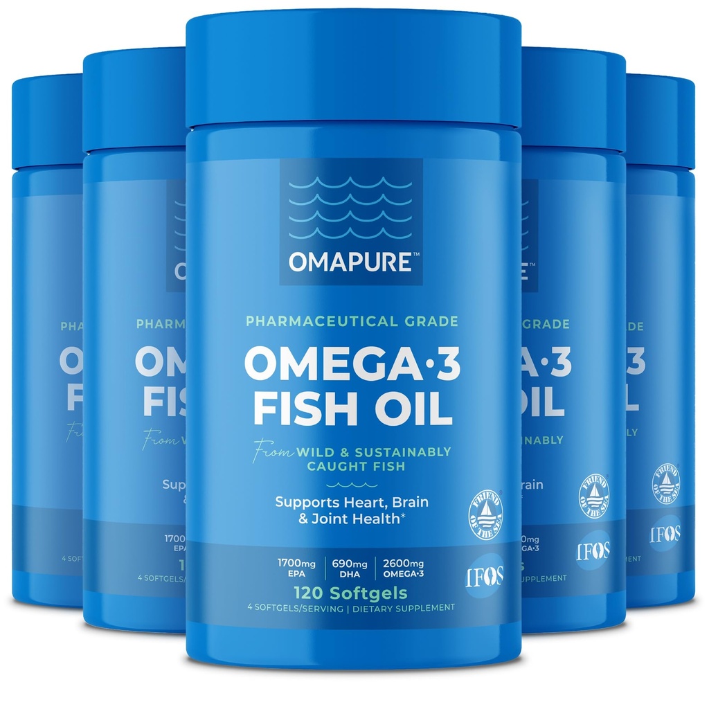 Suplementos de aceite de pescado con ácidos grasos Omega 3 (5 Botella, 120 Softgels) - Alta EPA, DHA, " Píldoras de aceite de pescado IFOS Apoyo Corazón " Salud Conjunta - Aceite de pescado Burples promueve función cerebral