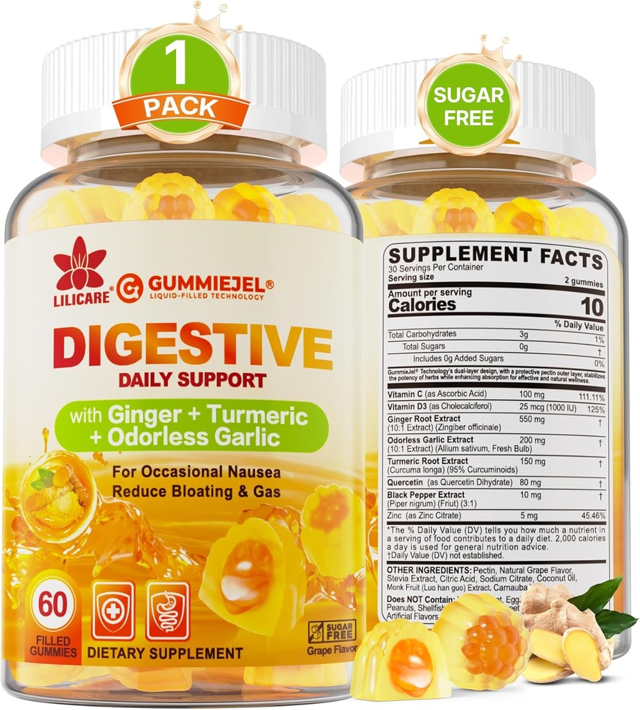 [BRSROZT4PMDQ2GTZ] Ginger Chews Gummies for Nausea " Digestive Support, Stomach Relief - Sugar Free with Turmeric " Odorless Garlic, Quercetin, Vitamina D3, C, Delicious Digestive Supplements, 60Cts (Pack of 1)