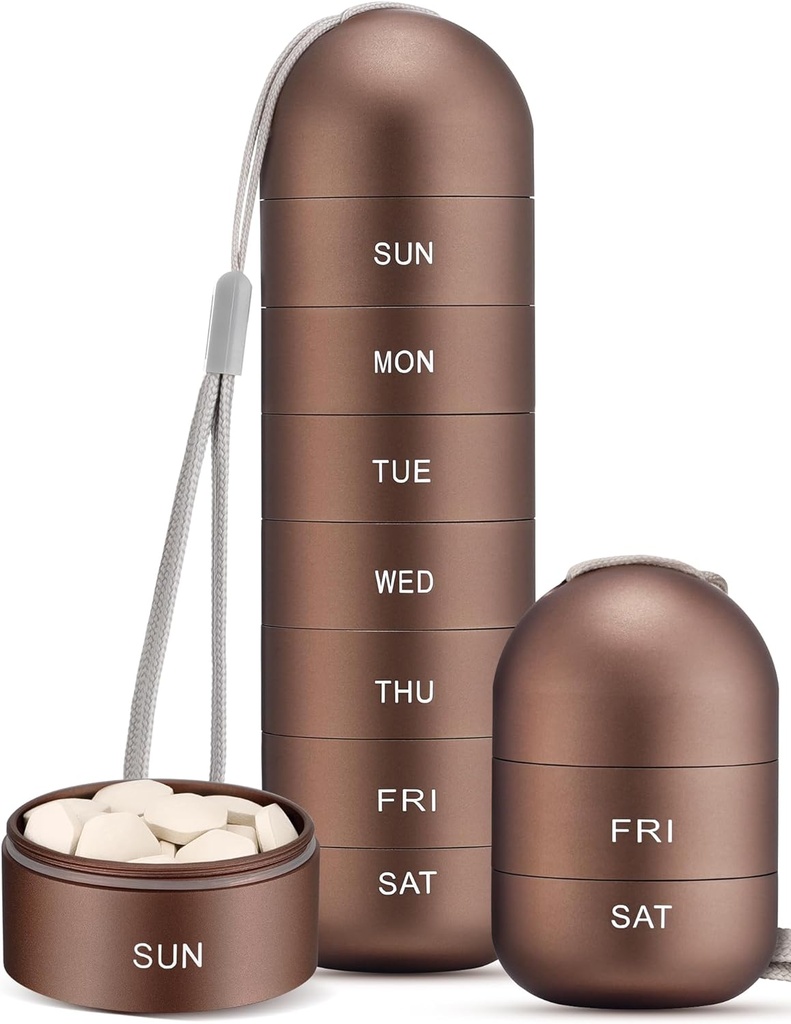 Zannaki Metal Moisture Proof Weekly Pill Organizer, Stackable Aluminum Alloy BPA Free Travel Hiking 7 Day Pill Box Fund Waterproof and Large Compartment to Hold Pills, Vitaminas, Fish Oil, Suplementos