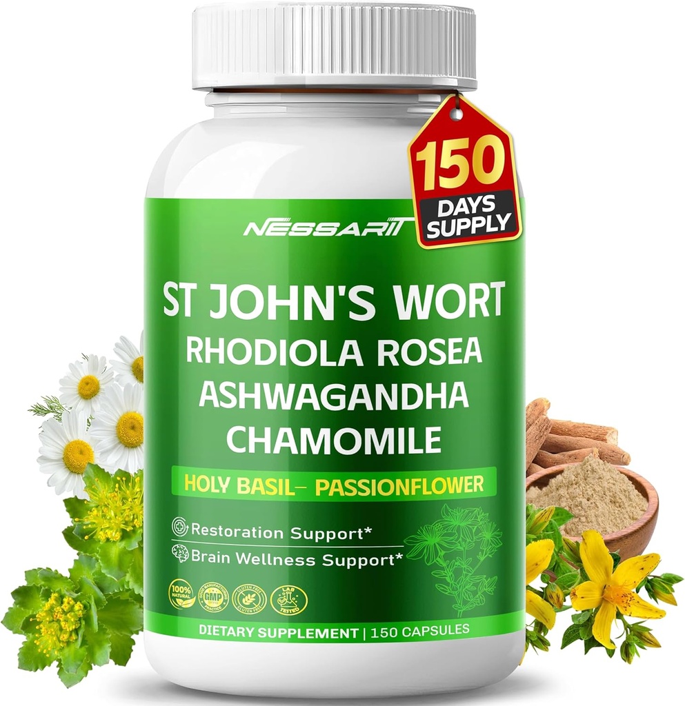 [BRSRAZYEBEPAODTV] ST John's Wort 14-in-1 Natural Blend with Rhodiola Ashwagandha Chamomile Holy Basil L-Theanine Valerian Passionflower - 150 Conde - Hecho & Tested in The USA