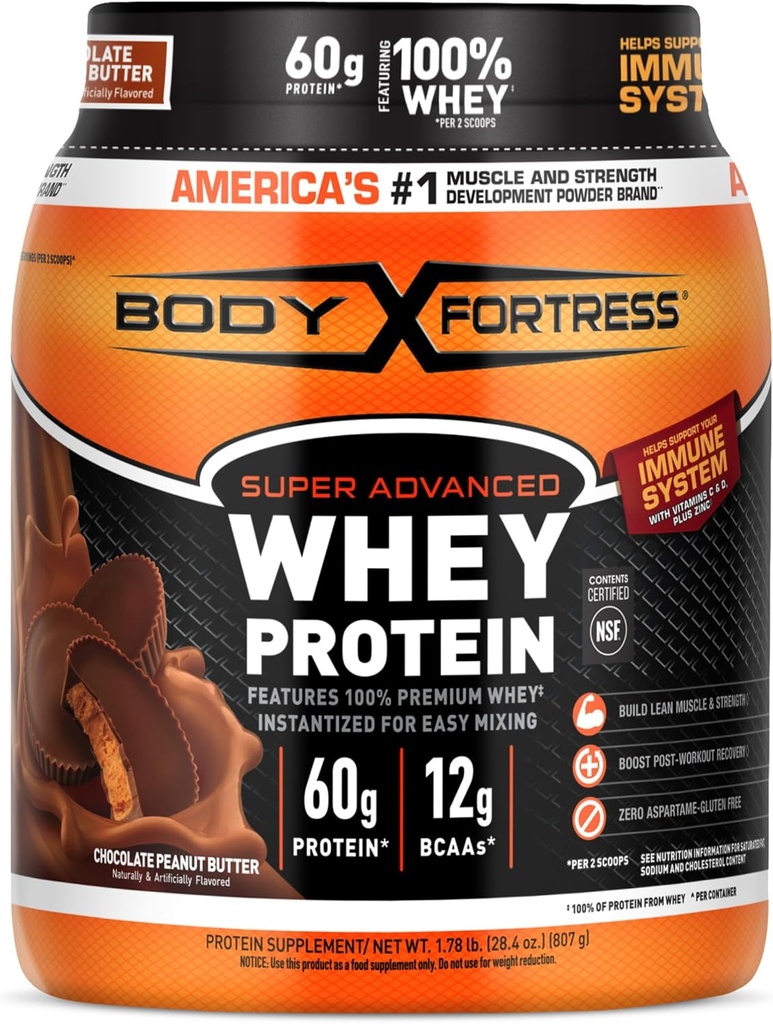 Fortaleza del cuerpo 100% Whey, Polvo Proteína Premium, mantequilla de maní de chocolate, 1.78lbs (Paquete mayo Vary)