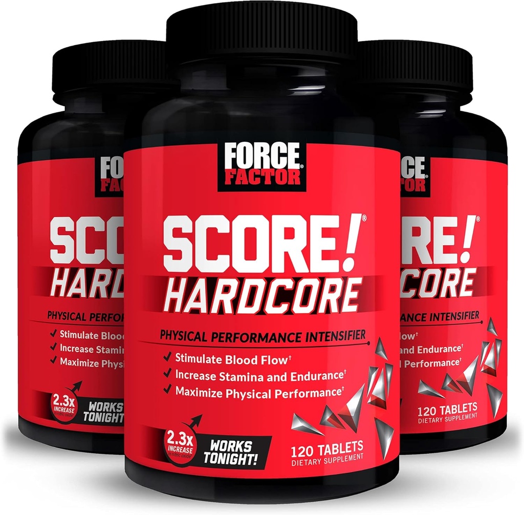 Factor de fuerza ¡SCORE! Hardcore, 3-Pack, Nitric Oxide Booster Suplemento para Hombres con L-Citrulline, Yohimbe, Black Maca & B Vitaminas para aumentar la resistencia, maximizar el rendimiento físico, 360 Tablets