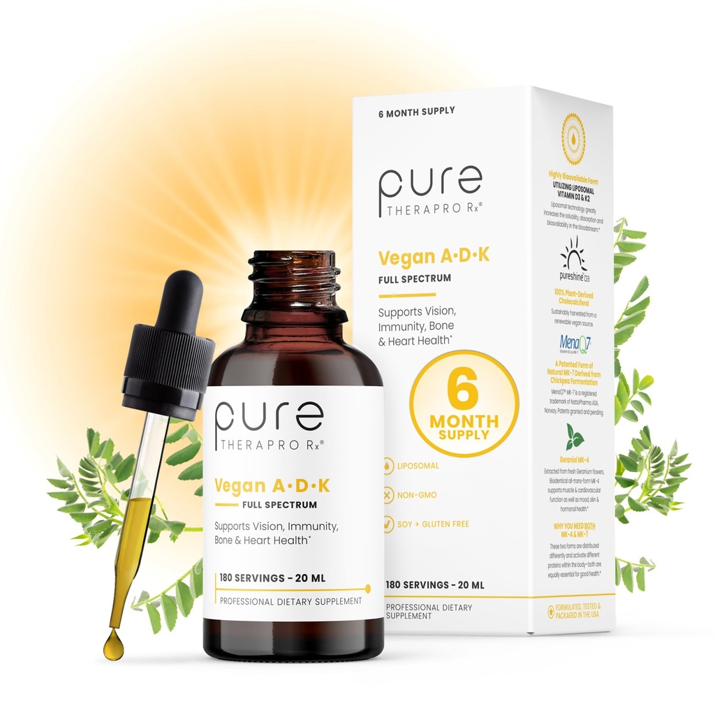 Pure TheraPro Rx Vegan A-D-K Drops-6 Mon Supply-Vitamin A(Palmitate " Betacarotene),Liposomal Vitamina D3 (como vegan cholecalciferol),Liposomal Vitamina K2(MK-4 &amp; MK-7)Aporta la inmunidad " Bone Health-20mL